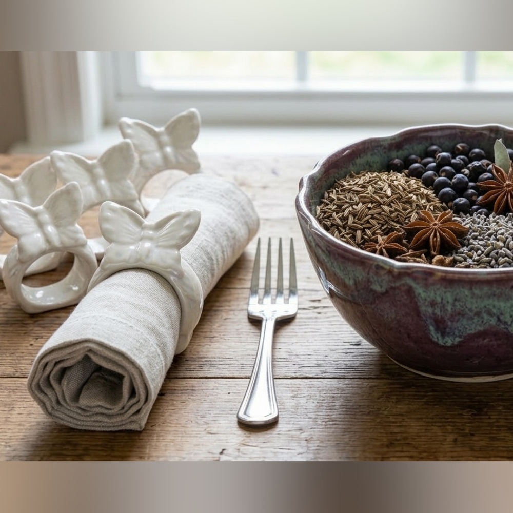 Vintage Porcelain Butterfly Napkin Ring Set Of 7 Creamy White, Hand Painted